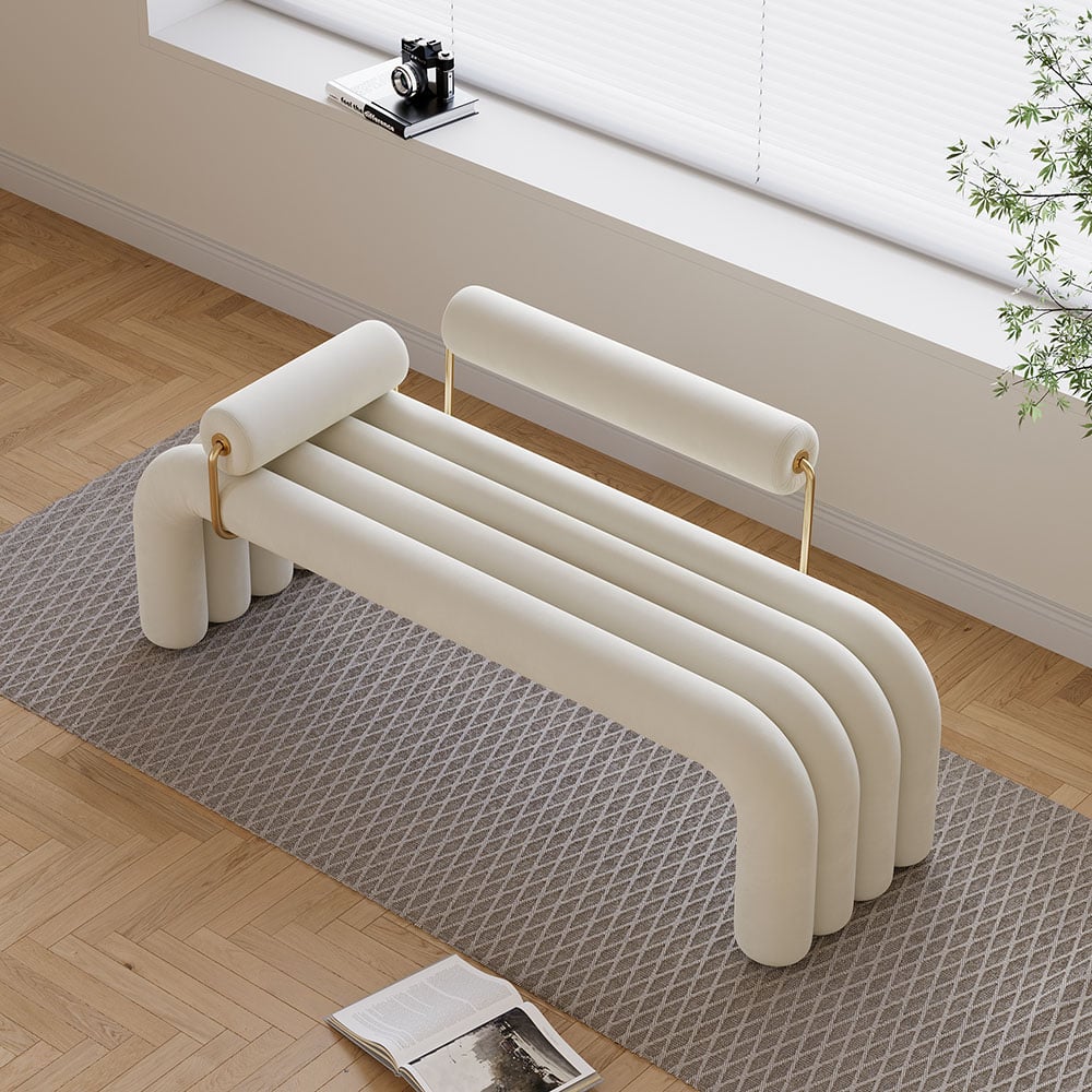 Banc capitonné moderne White Line Banc d'entrée rembourré en velours au fini doré image de fenêtre
