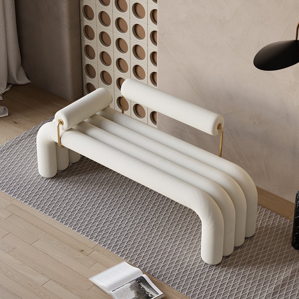 Banc capitonné moderne White Line Banc d'entrée rembourré en velours au fini doré image de fenêtre