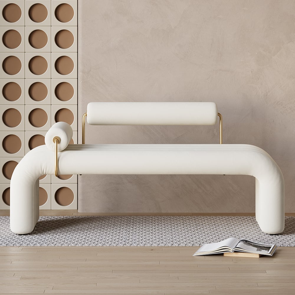 Banc capitonné moderne White Line Banc d'entrée rembourré en velours au fini doré image de fenêtre