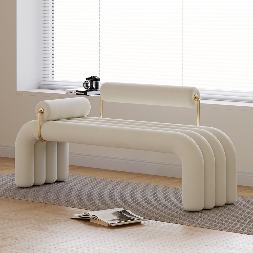 Banc capitonné moderne White Line Banc d'entrée rembourré en velours au fini doré image de fenêtre