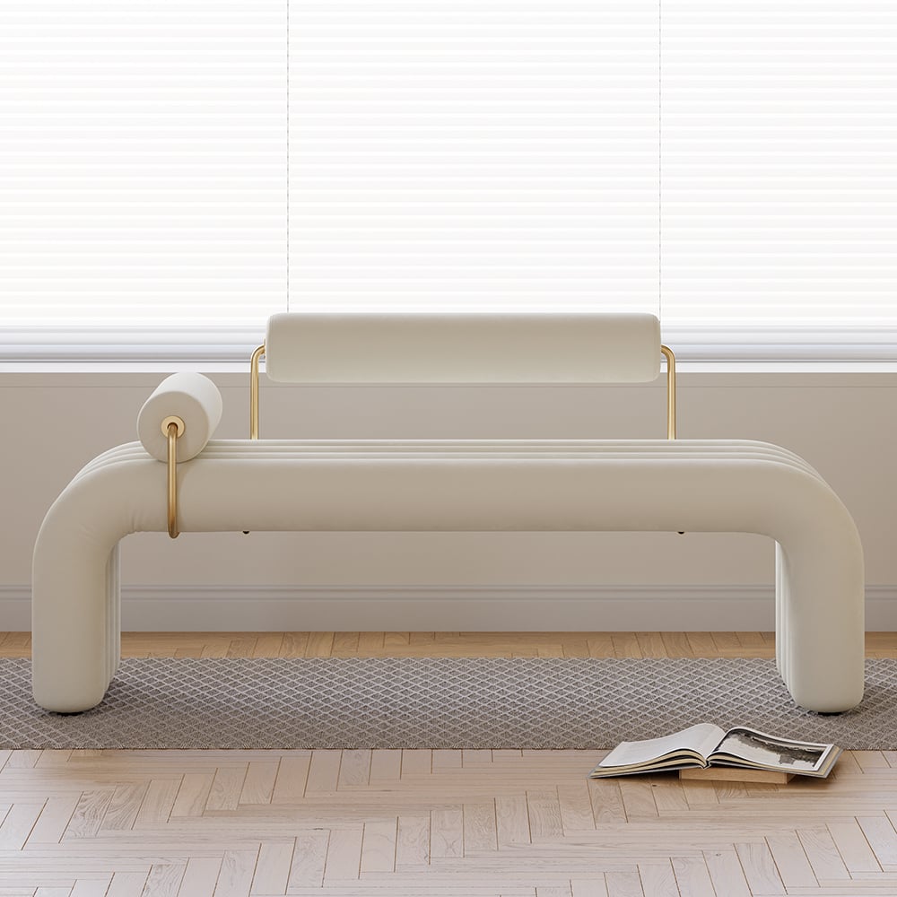 Banc capitonné moderne White Line Banc d'entrée rembourré en velours au fini doré image de fenêtre