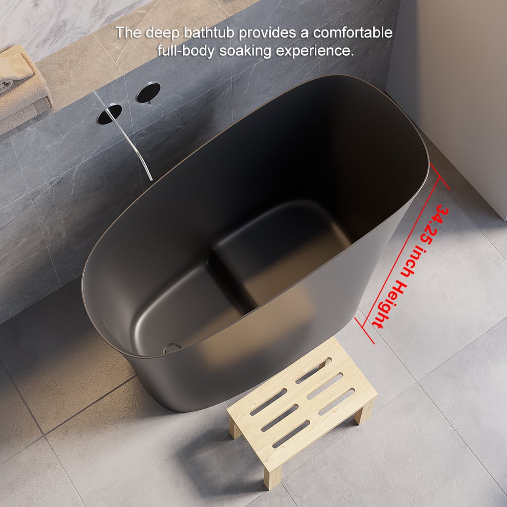 Baignoire 120 cm en résine de pierre noire avec siège ergonomique intégré image de fenêtre