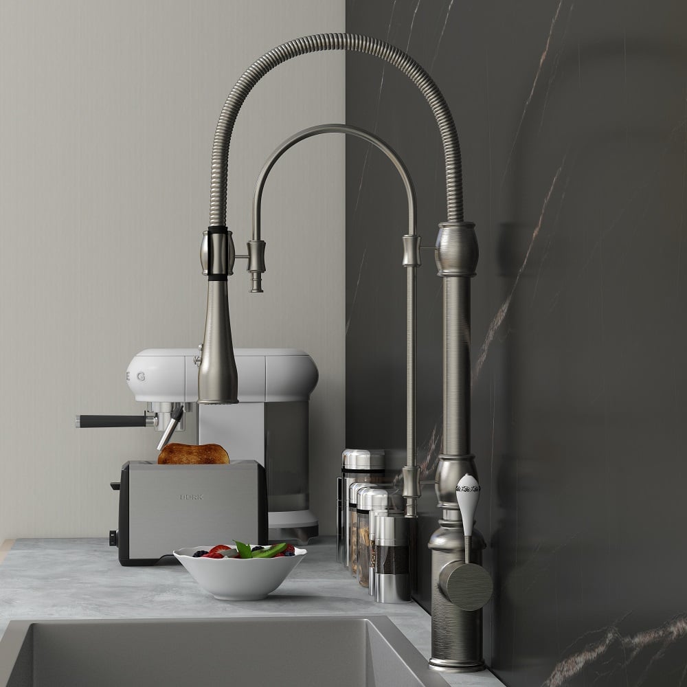 Robinet de Cuisine Rétractable High Arc Nickel Brossé en Laiton Massif image de fenêtre