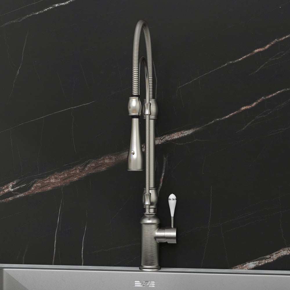 Robinet de Cuisine Rétractable High Arc Nickel Brossé en Laiton Massif image de fenêtre