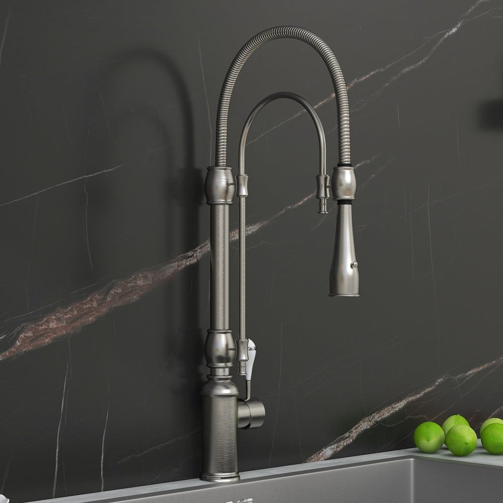 Robinet de Cuisine Rétractable High Arc Nickel Brossé en Laiton Massif image de fenêtre