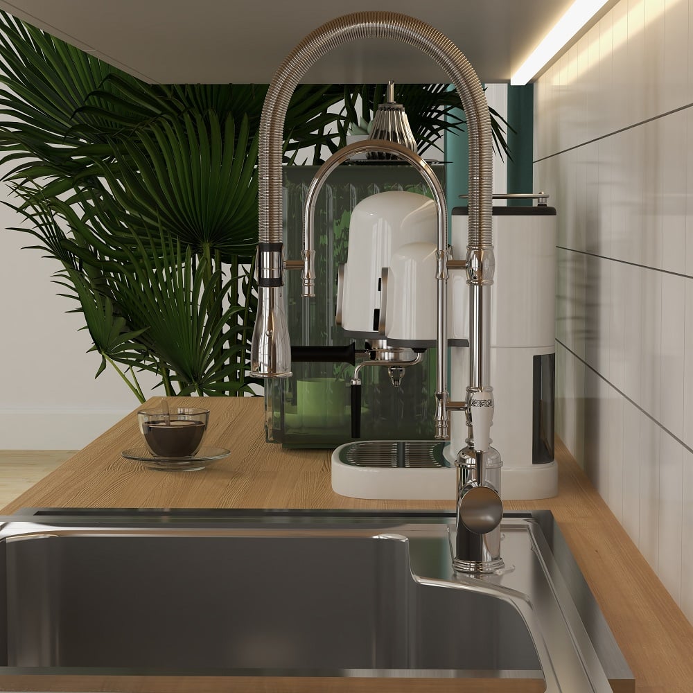 Robinet de Cuisine Rétractable High Arc Chrome en Laiton Massif image de fenêtre