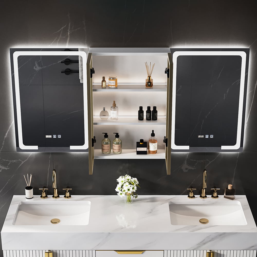 Miroir de salle de bain mural en bois avec portes pour armoire à pharmacie éclairée par LED 1500mm image de fenêtre