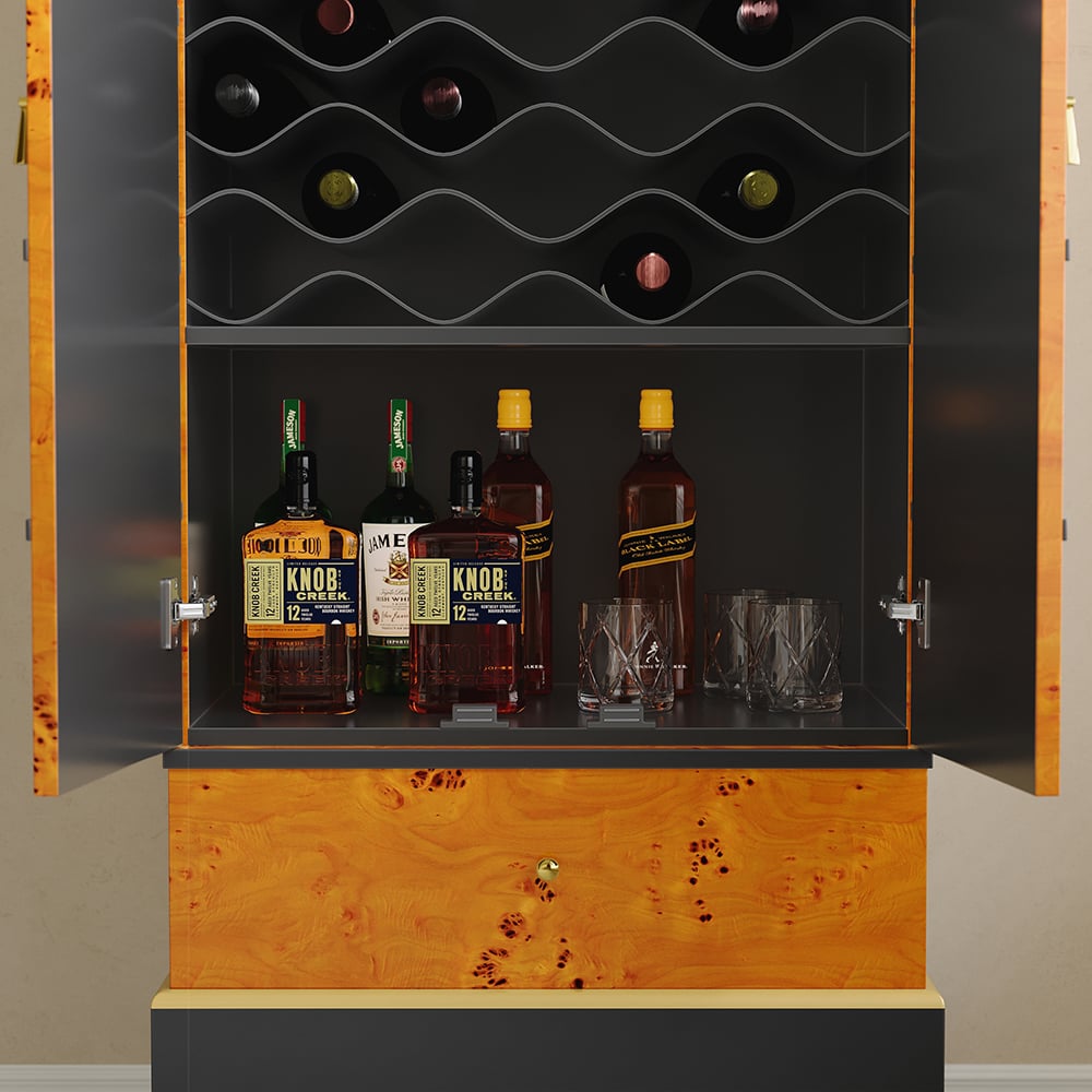 Armoire de bar rustique en bois de burlwood avec verre et porte-bouteilles Armoire de bar domestique image de fenêtre