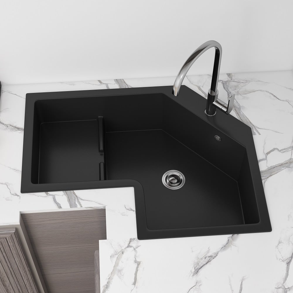 Évier de cuisine d'angle noir moderne de 800 mm à cuve unique, évier droit irrégulier en quartz image de fenêtre