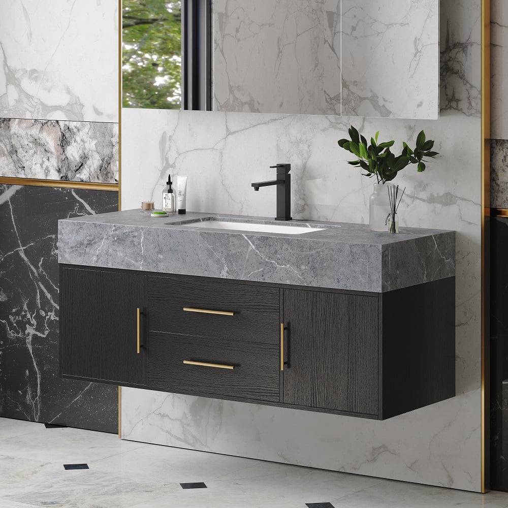 Meuble-lavabo simple mural moderne noir de 99 cm avec plateau en pierre frittée et évier image de fenêtre