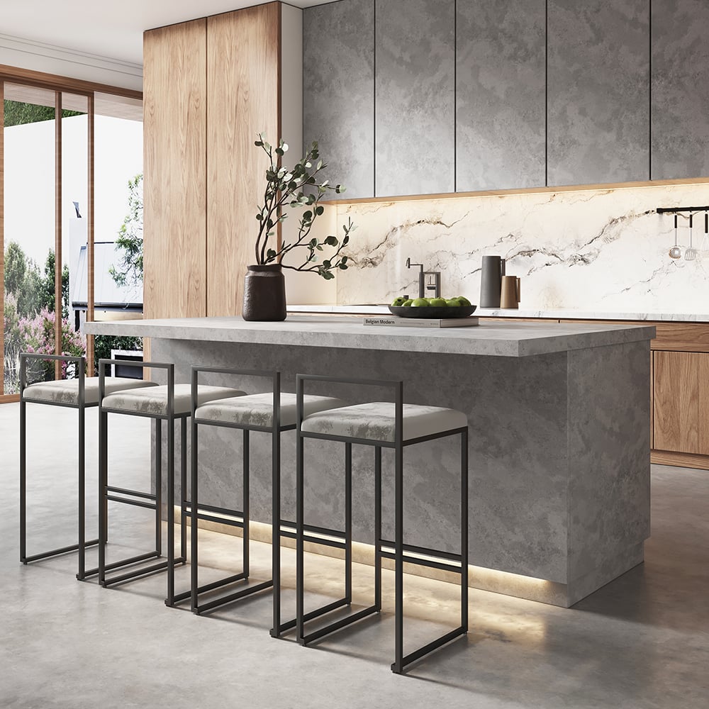 Îlot central de cuisine Japandi 183 cm gris avec rangement et éclairage LED image de fenêtre