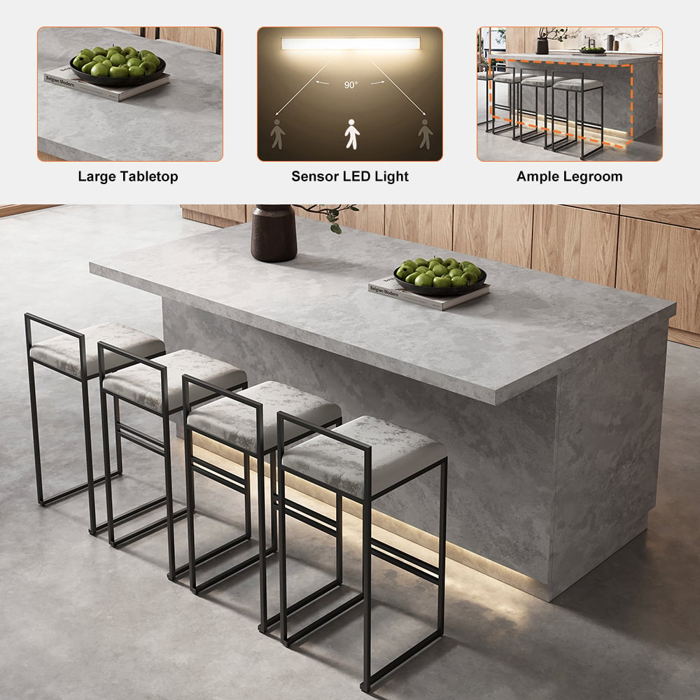 Îlot central de cuisine Japandi 183 cm gris avec rangement et éclairage LED image de fenêtre