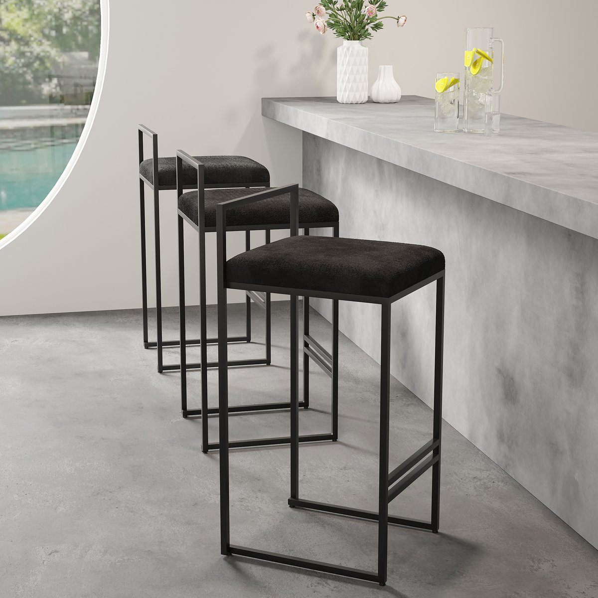 Tabourets de comptoir modernes en velours noir, 2 pièces image de fenêtre