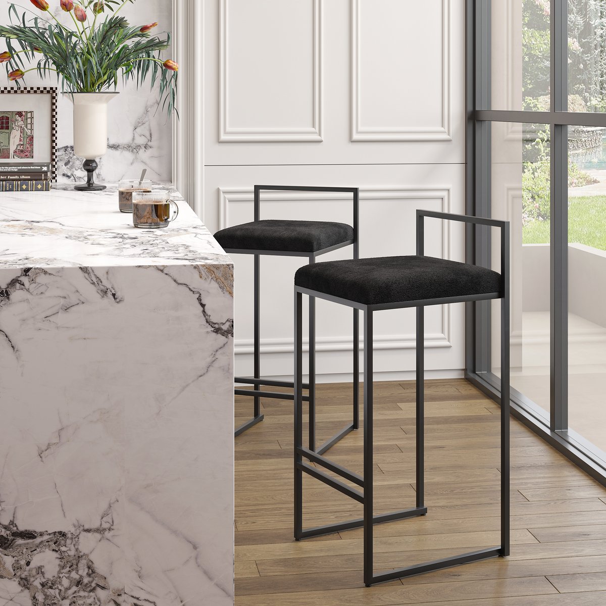 Tabourets de comptoir modernes en velours noir, 2 pièces image de fenêtre