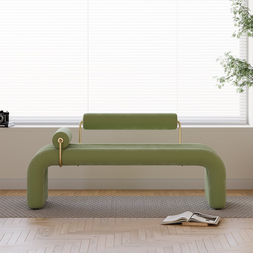 Banc capitonné Green Line moderne, banc d'entrée rembourré en velours, finition dorée image de fenêtre