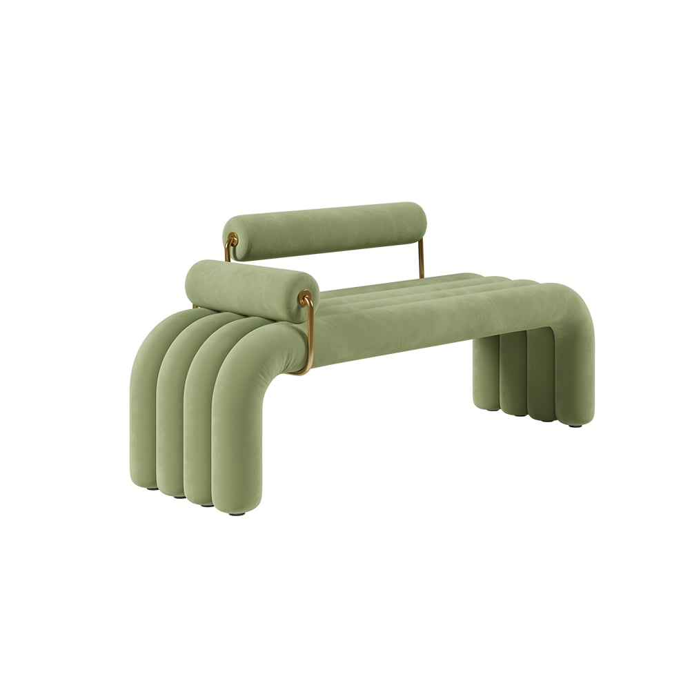 Banc capitonné Green Line moderne, banc d'entrée rembourré en velours, finition dorée image de fenêtre