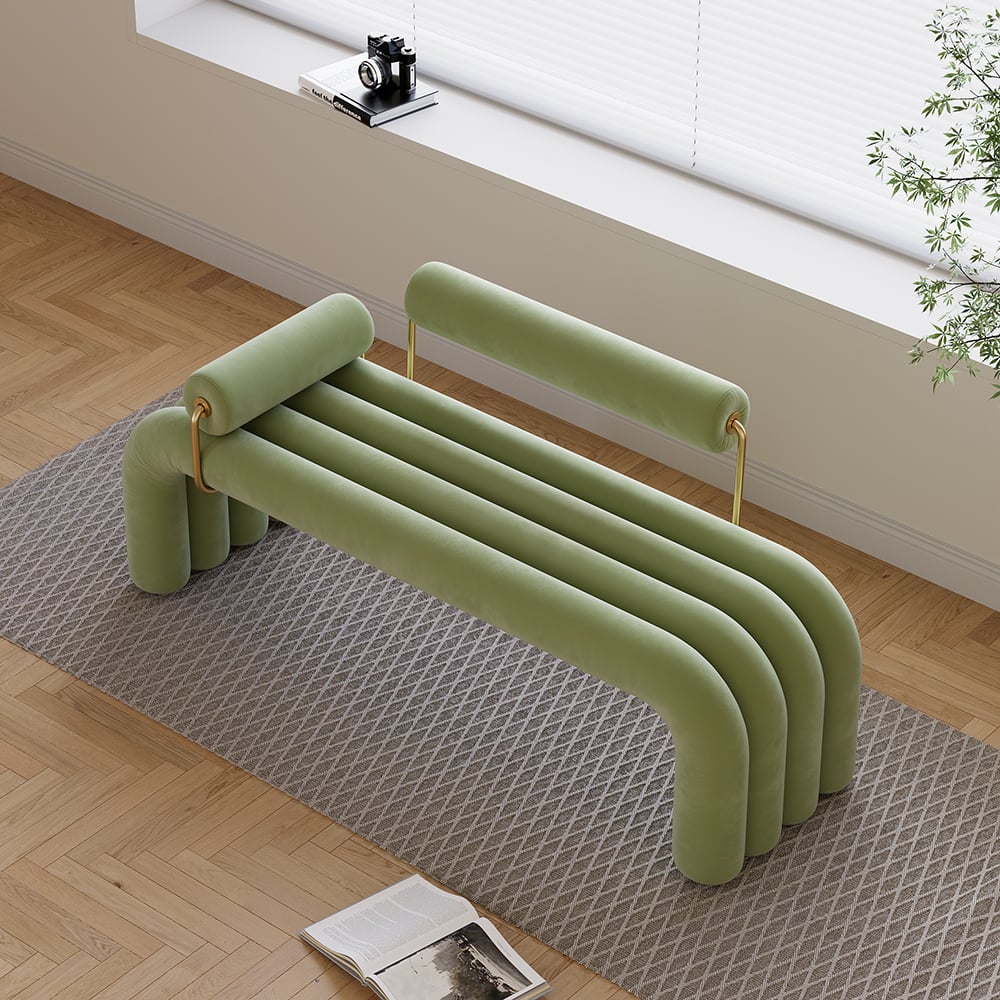 Banc capitonné Green Line moderne, banc d'entrée rembourré en velours, finition dorée image de fenêtre