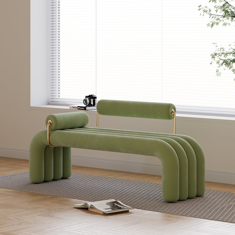 Banc capitonné Green Line moderne, banc d'entrée rembourré en velours, finition dorée image de fenêtre