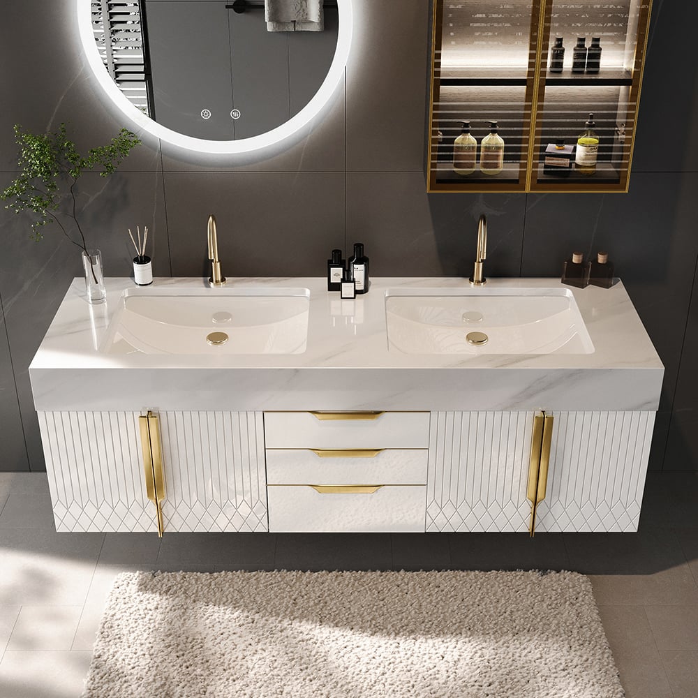 Meuble double vasque suspendu Aro 150 cm avec plateau en pierre frittée image de fenêtre