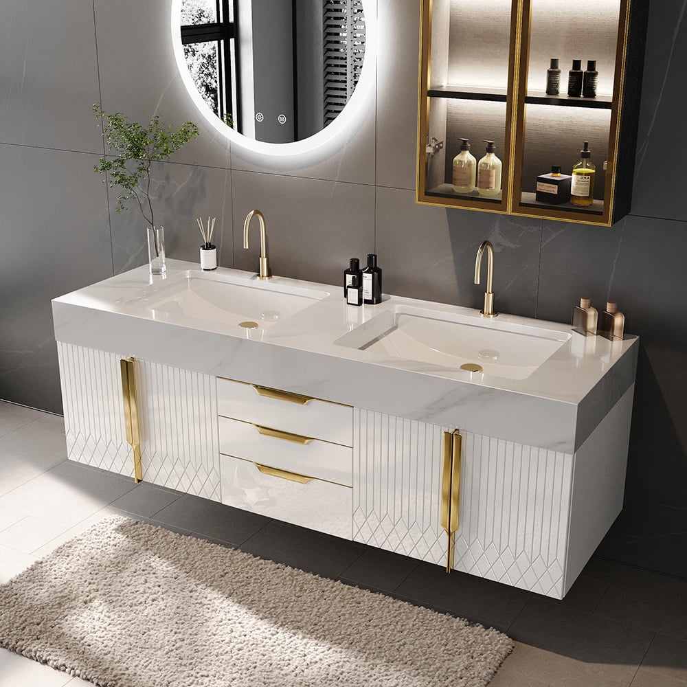 Meuble double vasque suspendu Aro 150 cm avec plateau en pierre frittée image de fenêtre