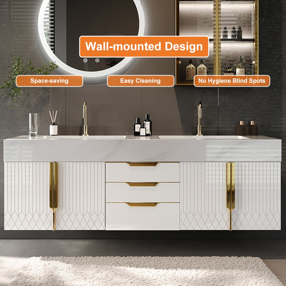Meuble double vasque suspendu Aro 150 cm avec plateau en pierre frittée image de fenêtre