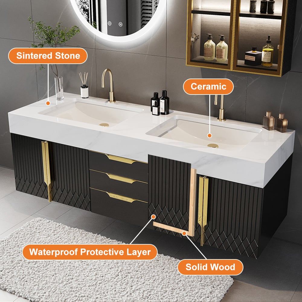 Meuble double vasque suspendu Aro 150 cm avec plateau en pierre frittée image de fenêtre