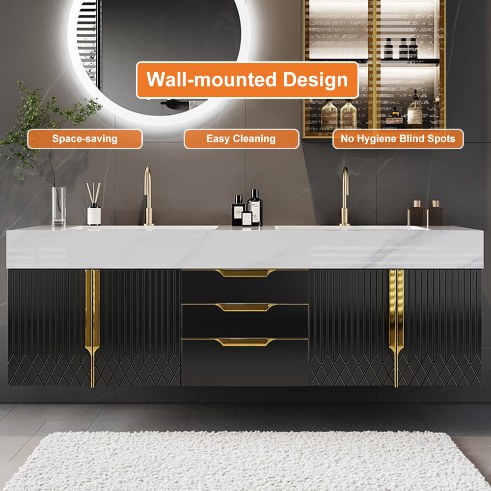 Meuble double vasque suspendu Aro 150 cm avec plateau en pierre frittée image de fenêtre