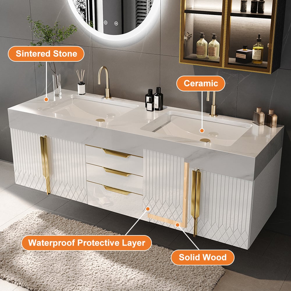 Meuble double vasque suspendu Aro 150 cm avec plateau en pierre frittée image de fenêtre