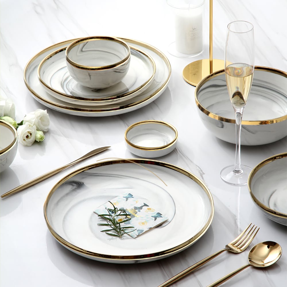 Vaisselle moderne, 18 pièces, vaisselle en céramique blanche et grise, bord doré image de fenêtre