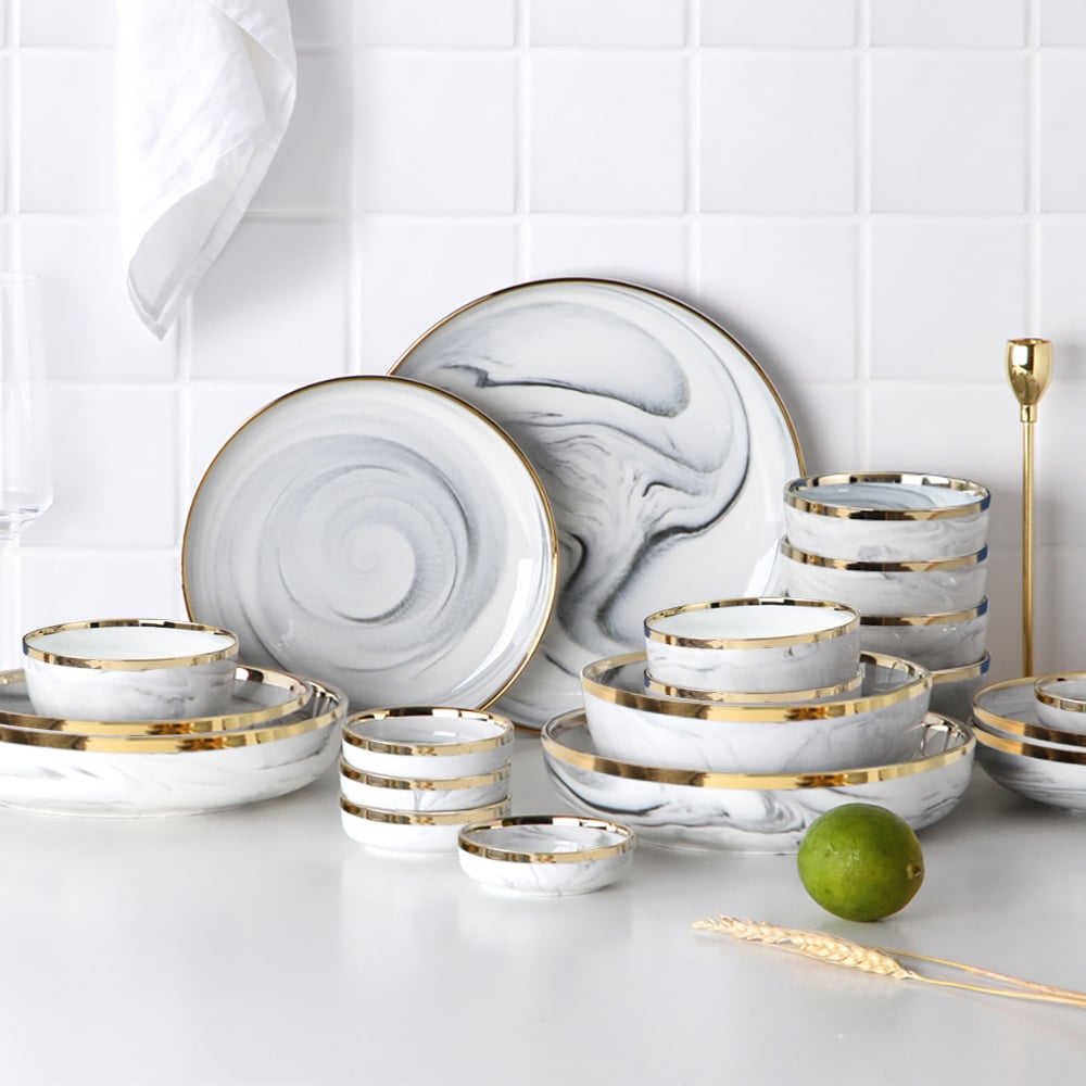 Vaisselle moderne, 18 pièces, vaisselle en céramique blanche et grise, bord doré image de fenêtre