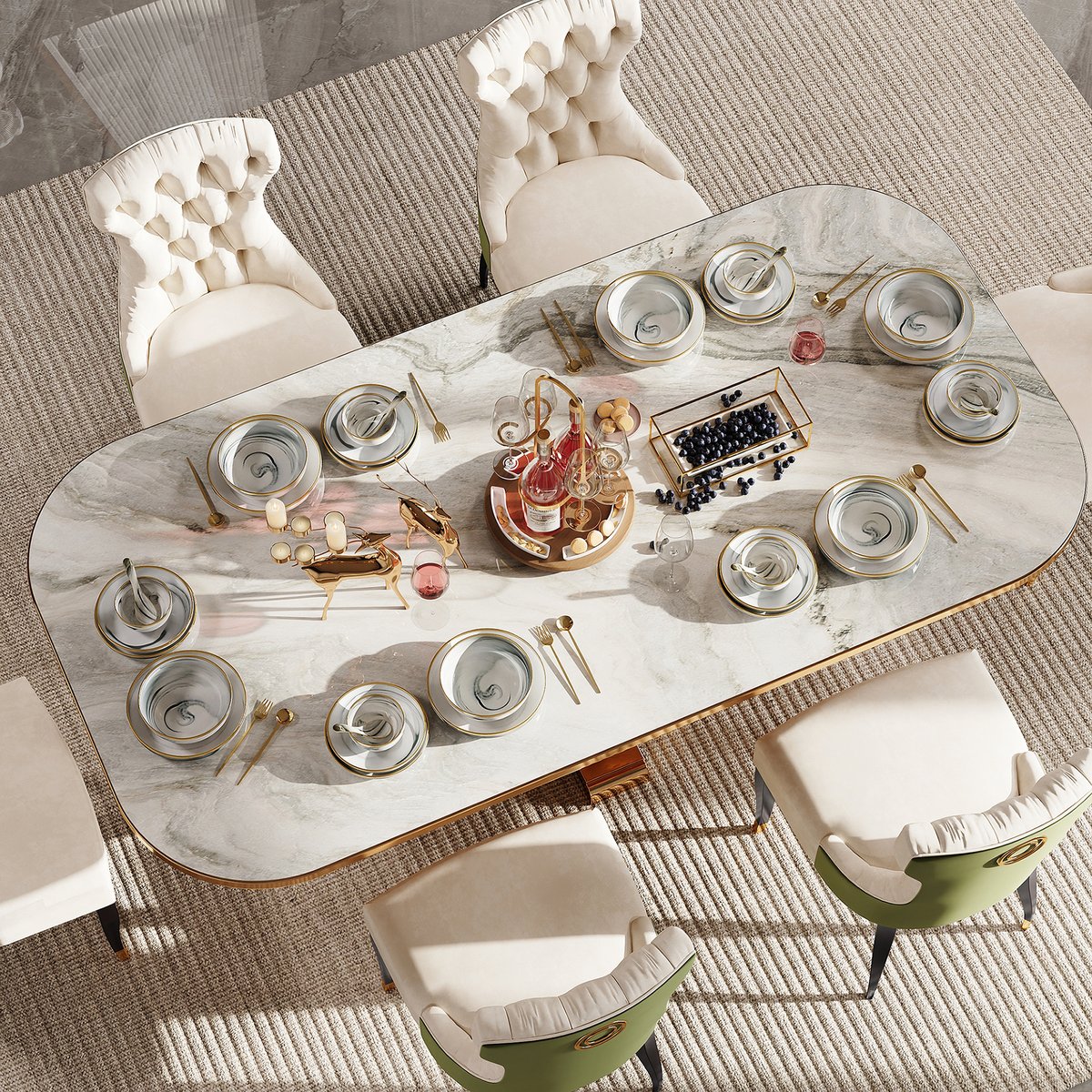 Vaisselle moderne, 18 pièces, vaisselle en céramique blanche et grise, bord doré image de fenêtre
