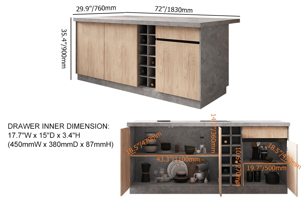 Ensemble de 2 tabourets de cuisine japonais gris et 2 tabourets de rangement en bois, 1830mm Poids, dimensions, image