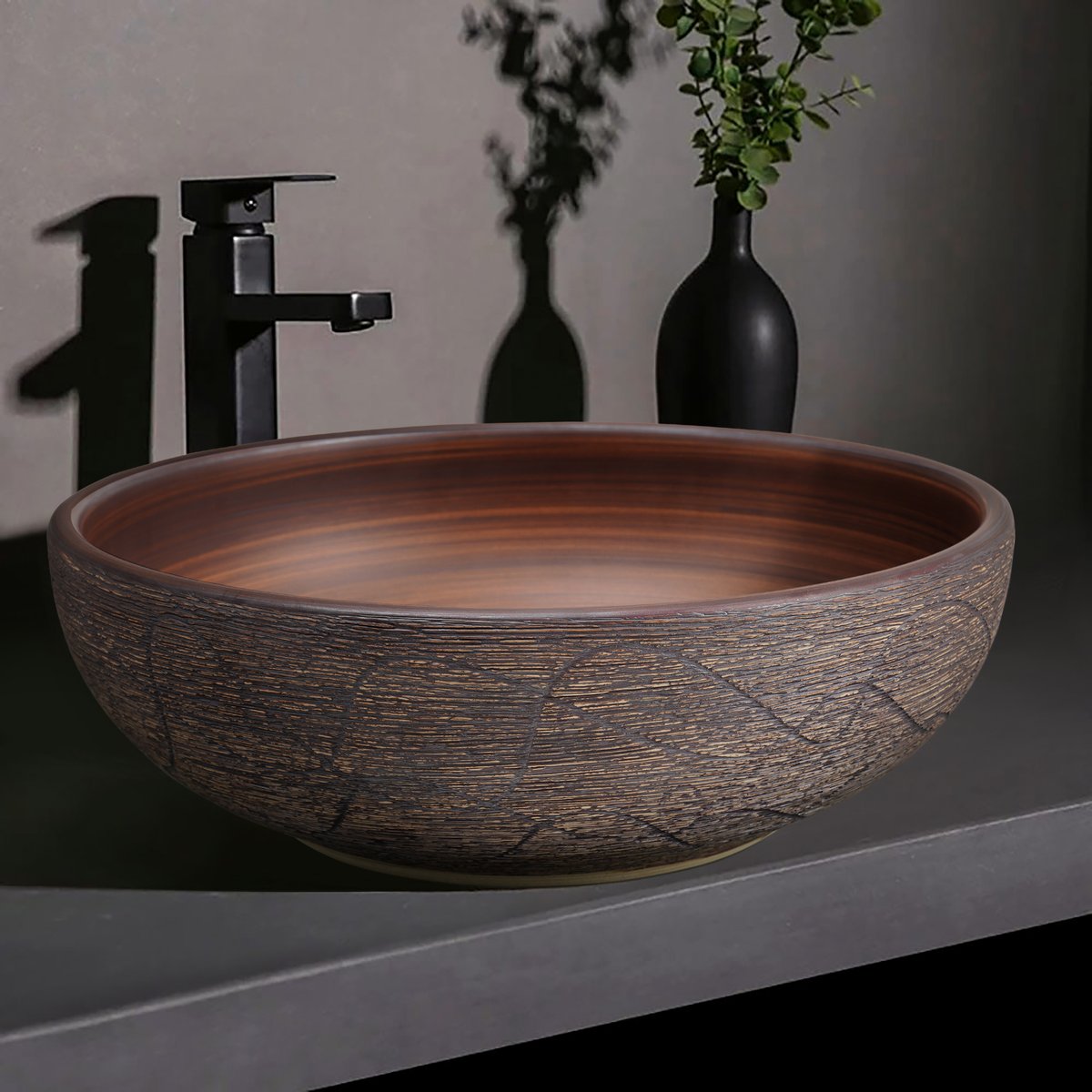 Bassin de comptoir de salle de bain rond en céramique de 400 mm, lavabo rétro image de fenêtre