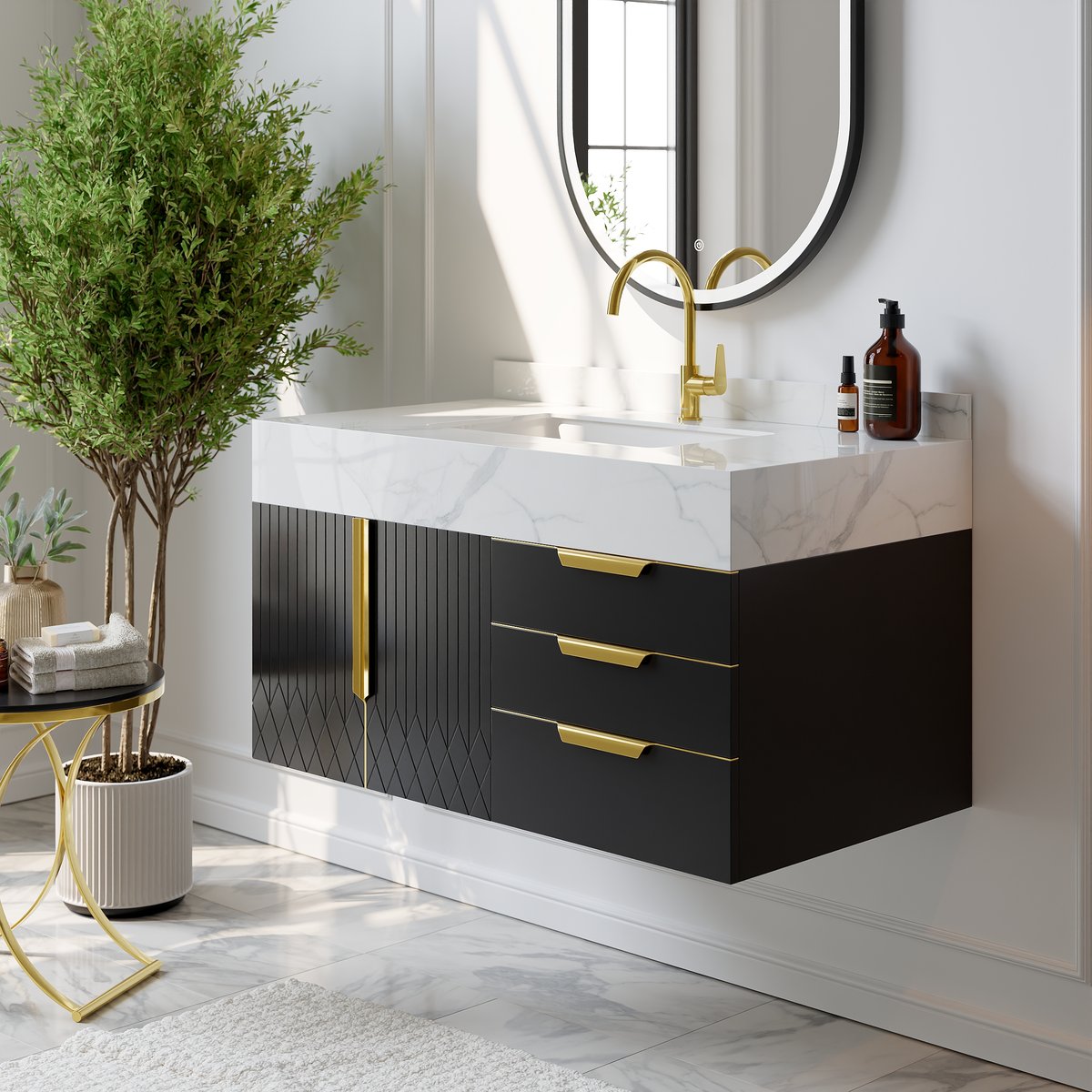 Meuble simple vasque suspendu Aro 90 cm avec plateau en pierre frittée image de fenêtre