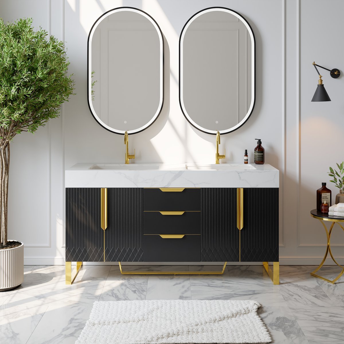 Tiroirs de salle de bain autoportants Aro à double vasque, 1500 mm, noir, dessus en faux marbre image de fenêtre
