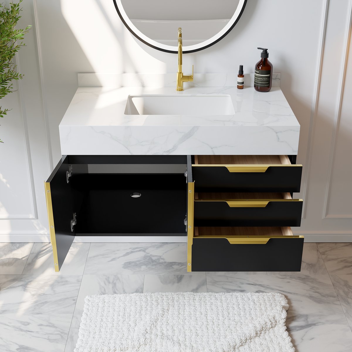 Meuble simple vasque suspendu Aro 90 cm avec plateau en pierre frittée image de fenêtre