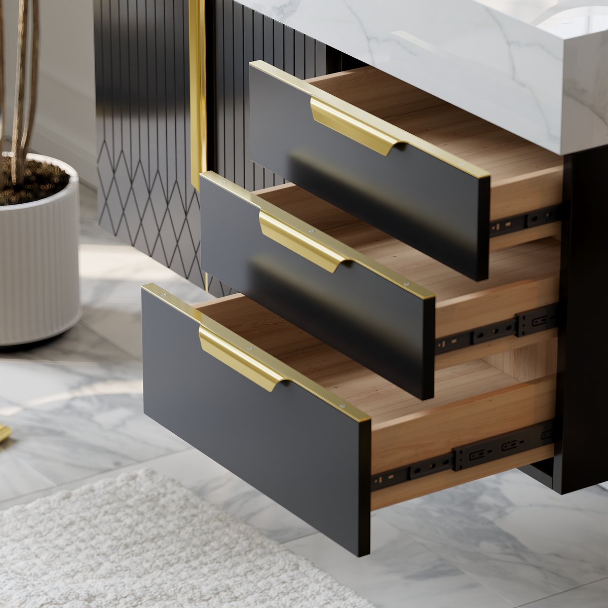 Meuble simple vasque suspendu Aro 90 cm avec plateau en pierre frittée image de fenêtre