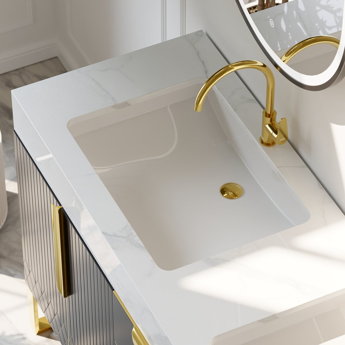 Tiroirs de salle de bain autoportants Aro à double vasque, 1500 mm, noir, dessus en faux marbre image de fenêtre