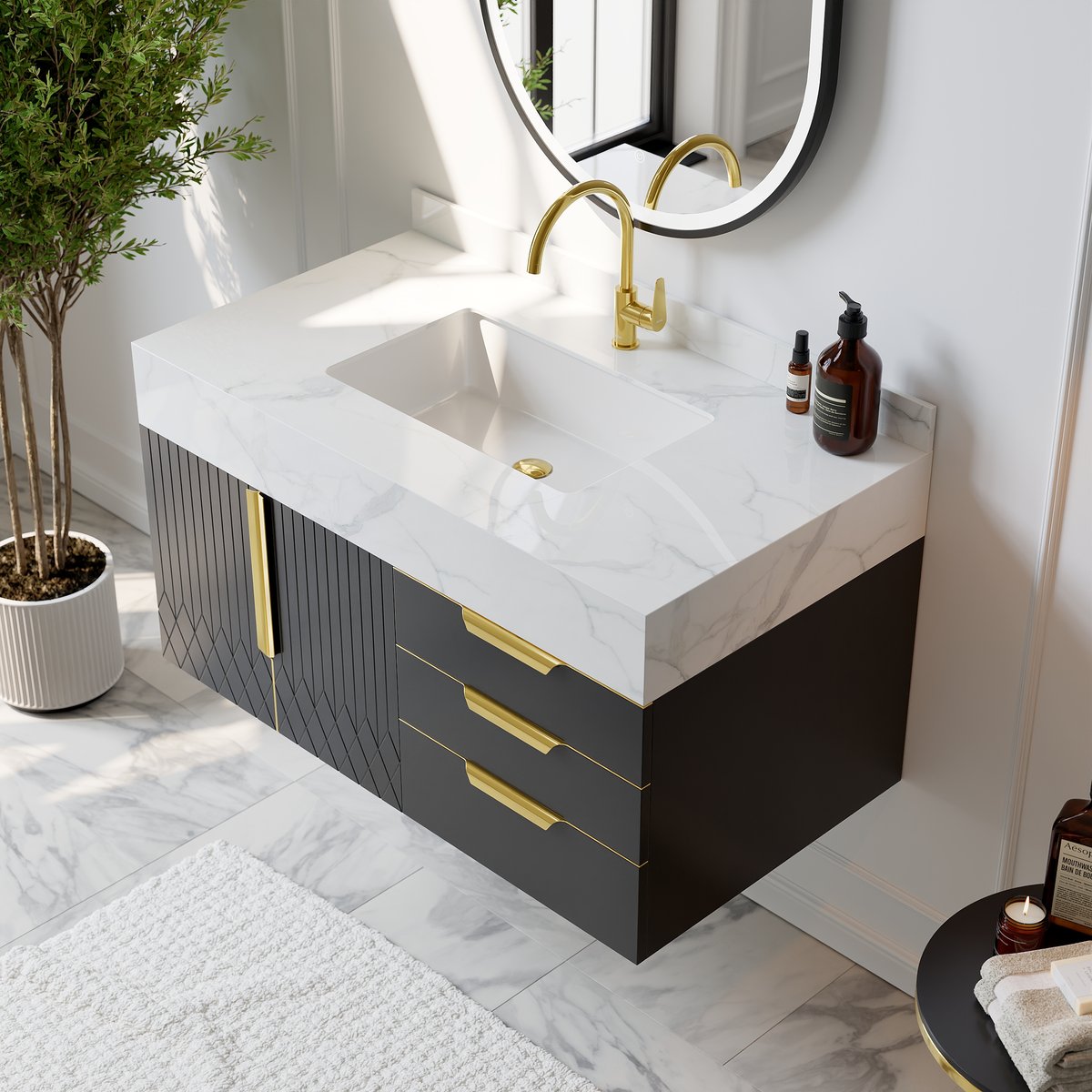 Meuble simple vasque suspendu Aro 90 cm avec plateau en pierre frittée image de fenêtre