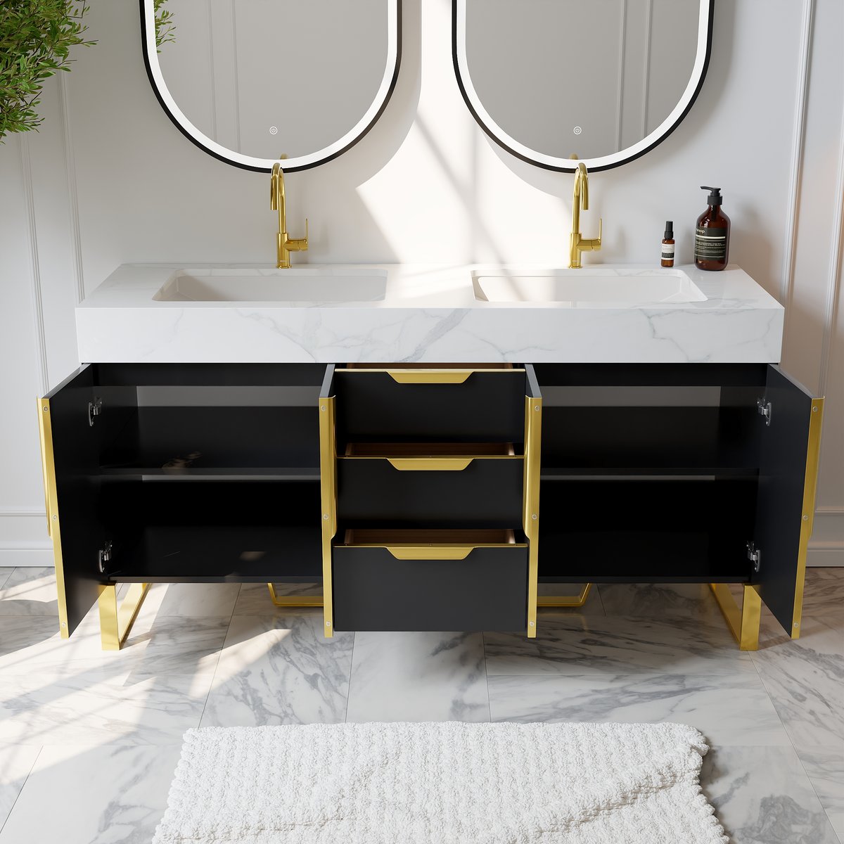 Tiroirs de salle de bain autoportants Aro à double vasque, 1500 mm, noir, dessus en faux marbre image de fenêtre
