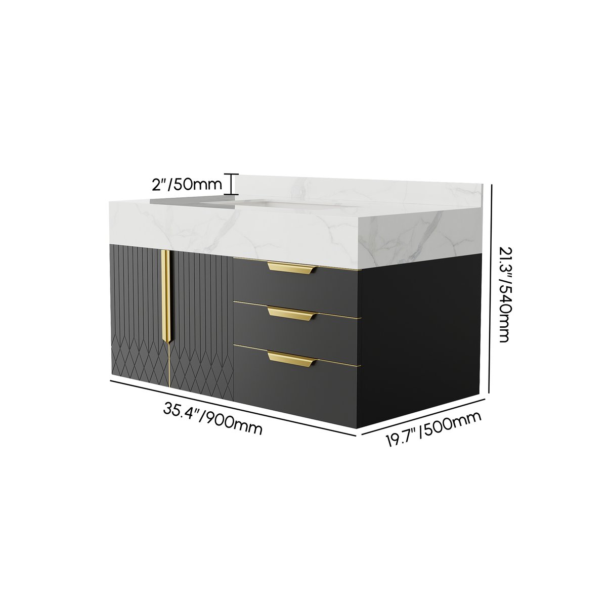 Meuble simple vasque suspendu Aro 90 cm avec plateau en pierre frittée Poids, dimensions, image