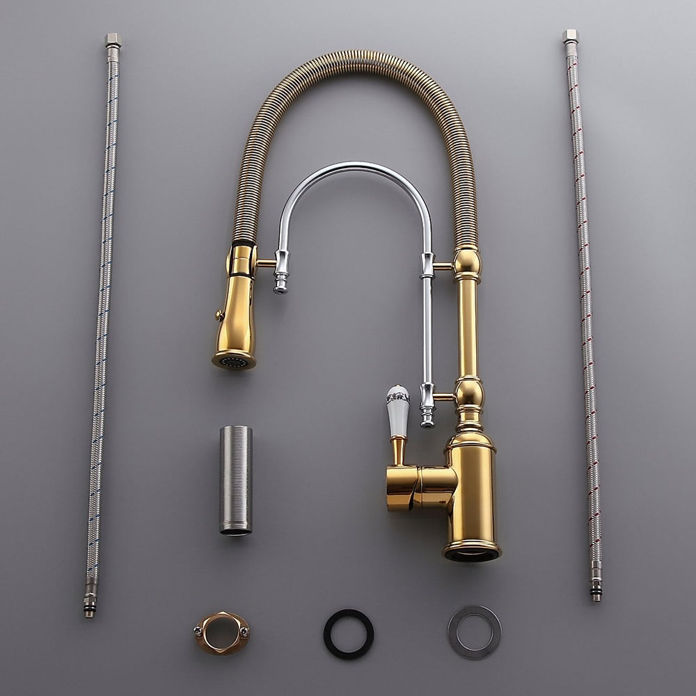 Robinet de Cuisine Rétractable Doré et Chrome Grand Arc en Laiton Massif image de fenêtre