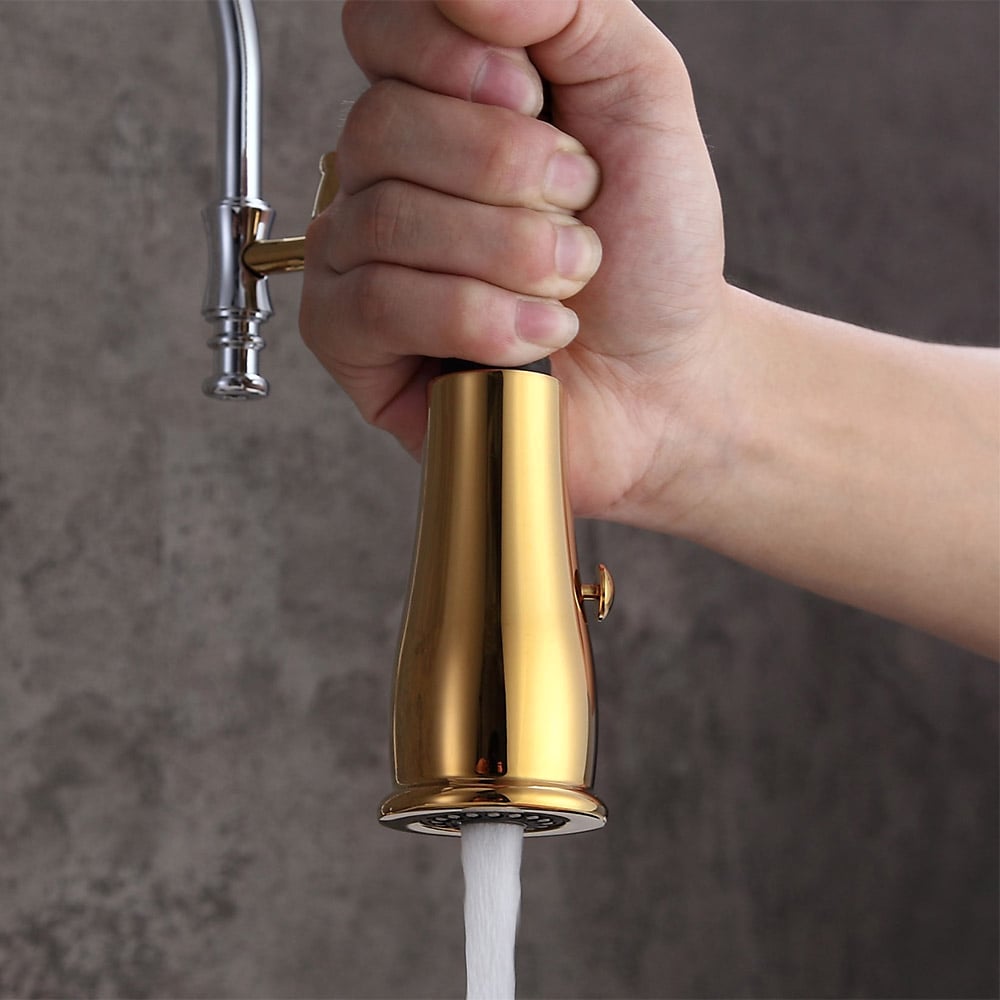 Robinet de Cuisine Rétractable Doré et Chrome Grand Arc en Laiton Massif image de fenêtre