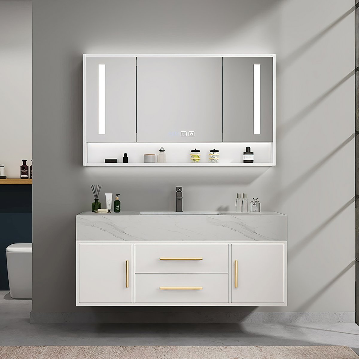 Meuble-lavabo simple mural blanc moderne de 39 pouces avec plateau en pierre frittée et évier image de fenêtre