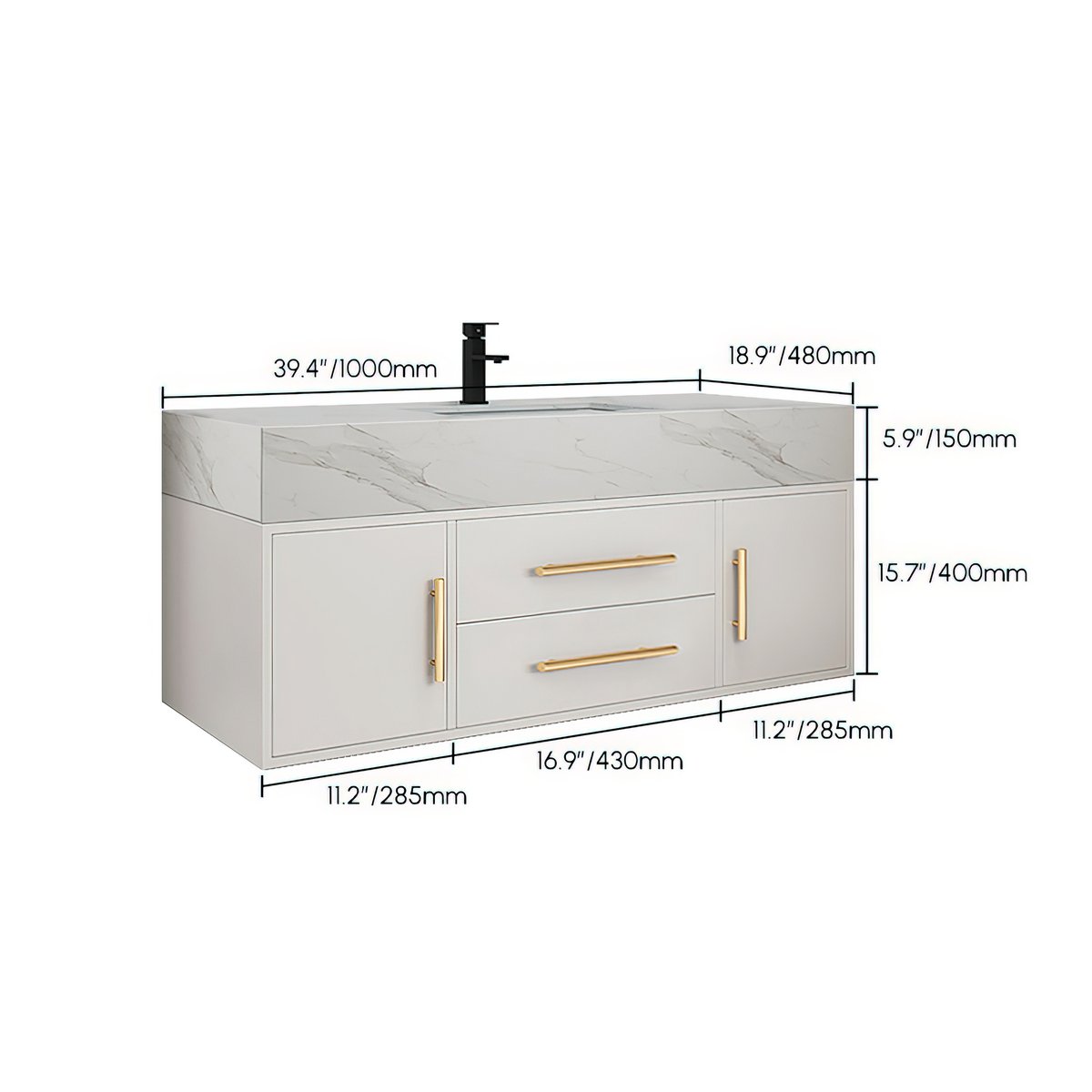 Meuble-lavabo simple mural blanc moderne de 39 pouces avec plateau en pierre frittée et évier Poids, dimensions, image