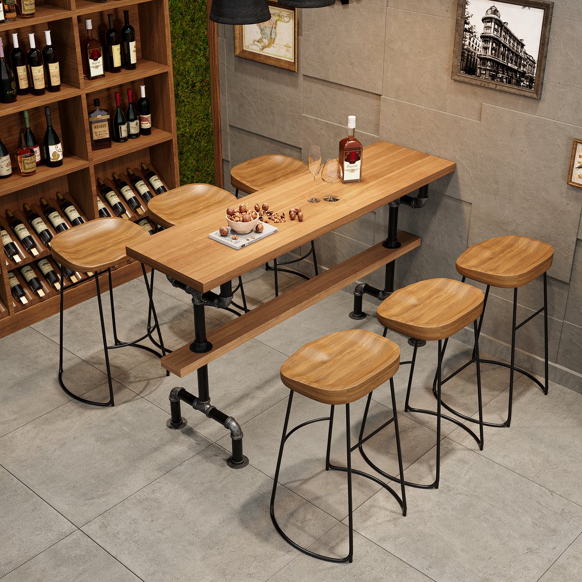 Table de bar rectangulaire industrielle en contreplaqué de 130 cm image de fenêtre
