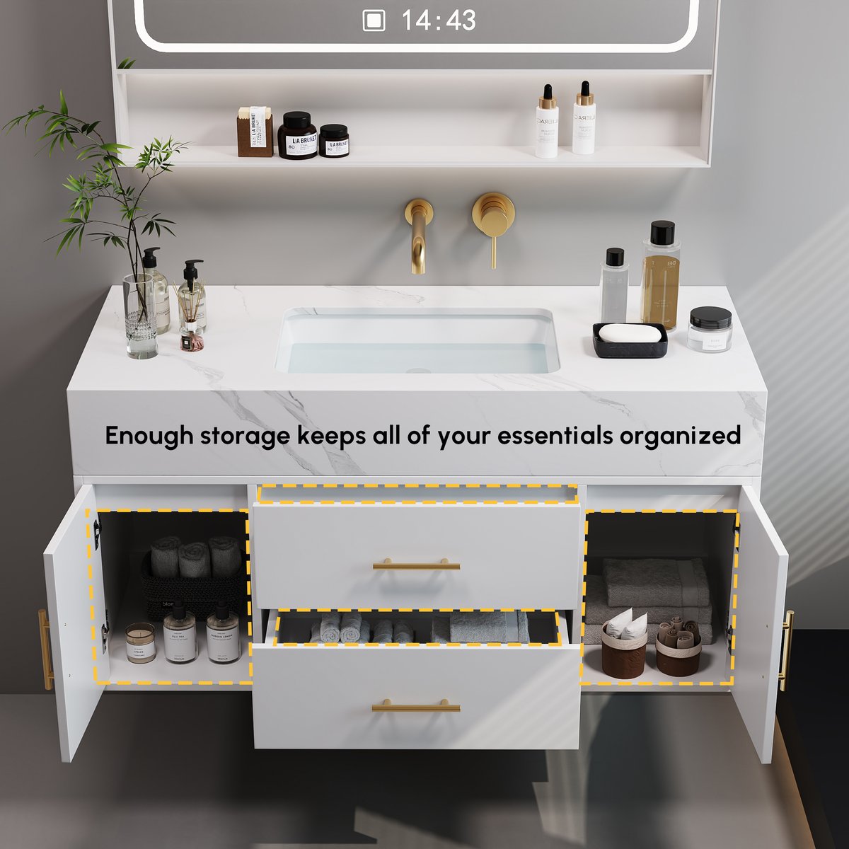 Ensemble de meuble-lavabo flottant blanc de 100 cm avec armoire de toilette à LED image de fenêtre