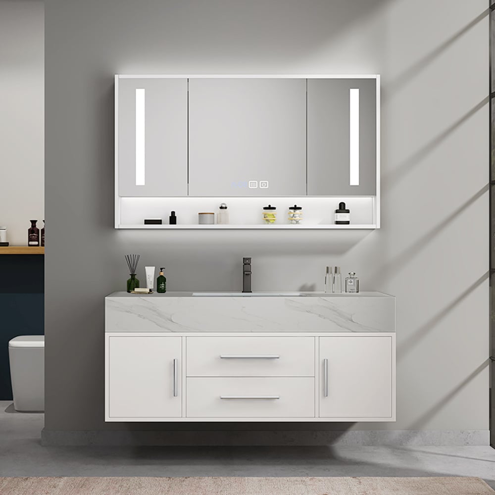 Meuble-lavabo simple mural blanc moderne de 99 cm avec plateau en pierre sintérisée et évier image de fenêtre