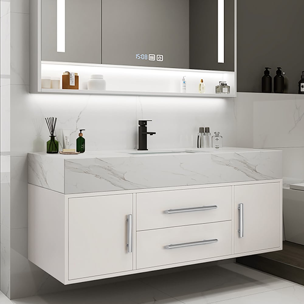 Meuble-lavabo simple mural blanc moderne de 99 cm avec plateau en pierre sintérisée et évier image de fenêtre