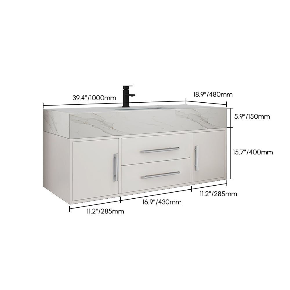 Meuble-lavabo simple mural blanc moderne de 99 cm avec plateau en pierre sintérisée et évier Poids, dimensions, image